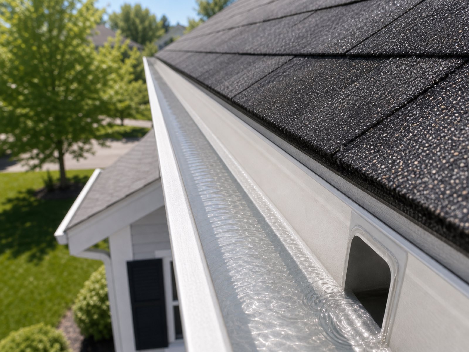 The same gutter cleared out and flushed, water running freely to the downspout after a Vonto Home Services cleaning