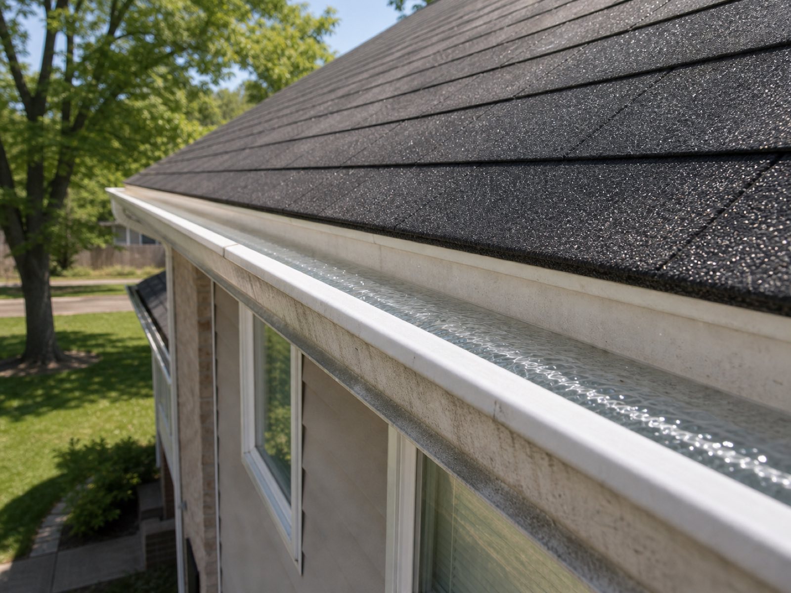 The same gutter cleared and flushed, water running clean along the whole run after a Vonto Home Services cleaning