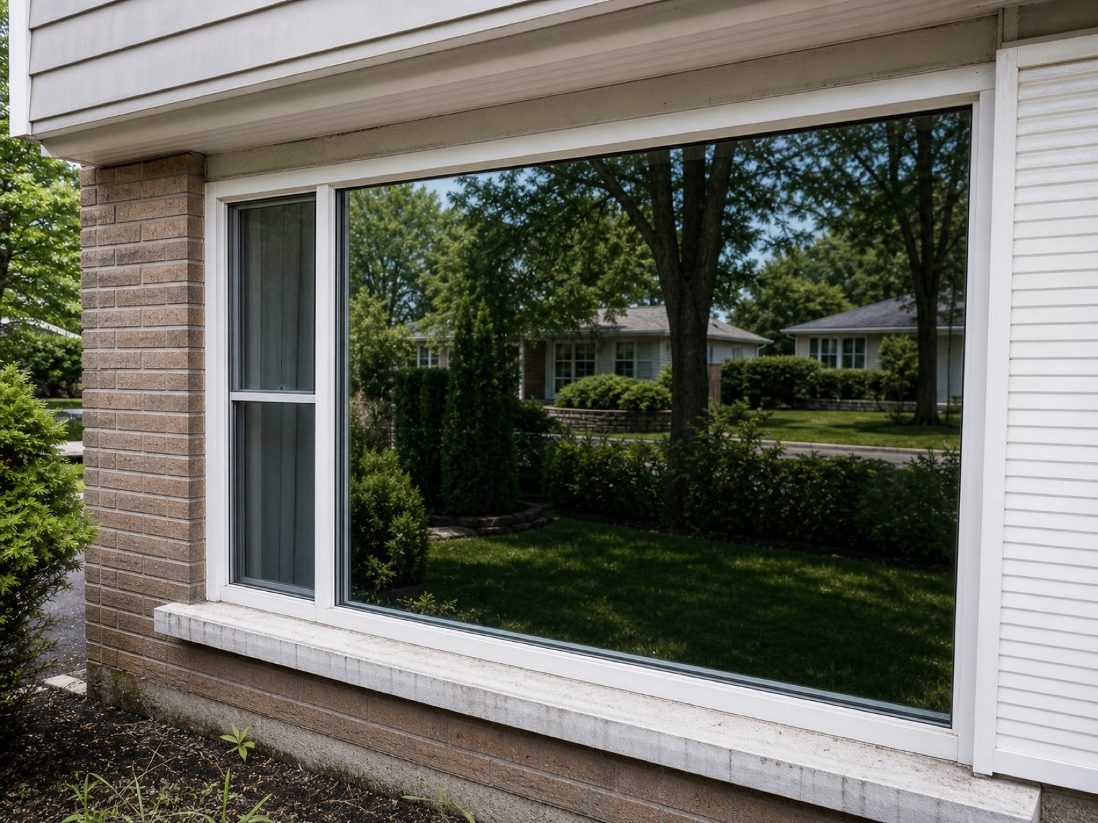 The same picture window cleaned to crystal-clear glass with a spotless frame and sill by Vonto Home Services
