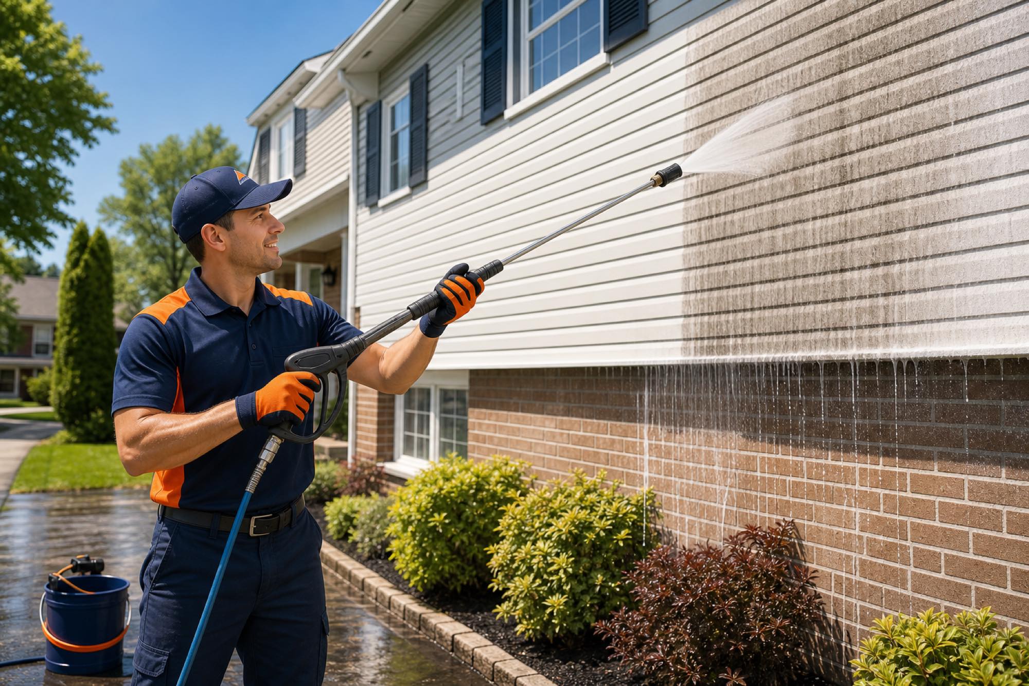 Vonto Home Services technician soft-washing a home's siding clean