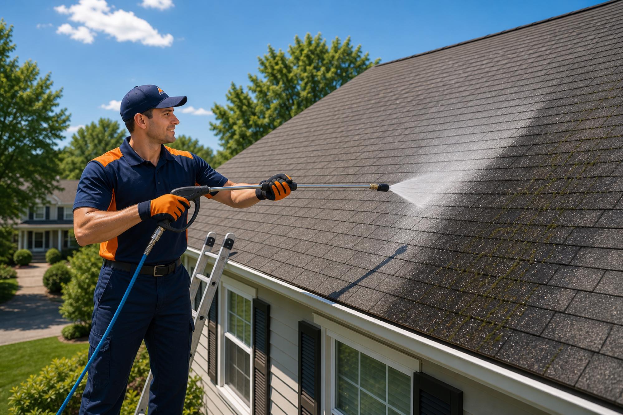 Vonto Home Services technician clearing moss and stains from a home's roof